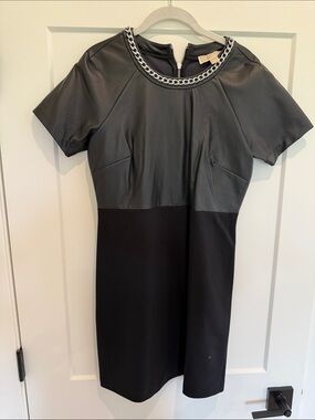 MICHAEL Michael Kors Black Two-Tone Faux-Leather Chain-Neck Dress